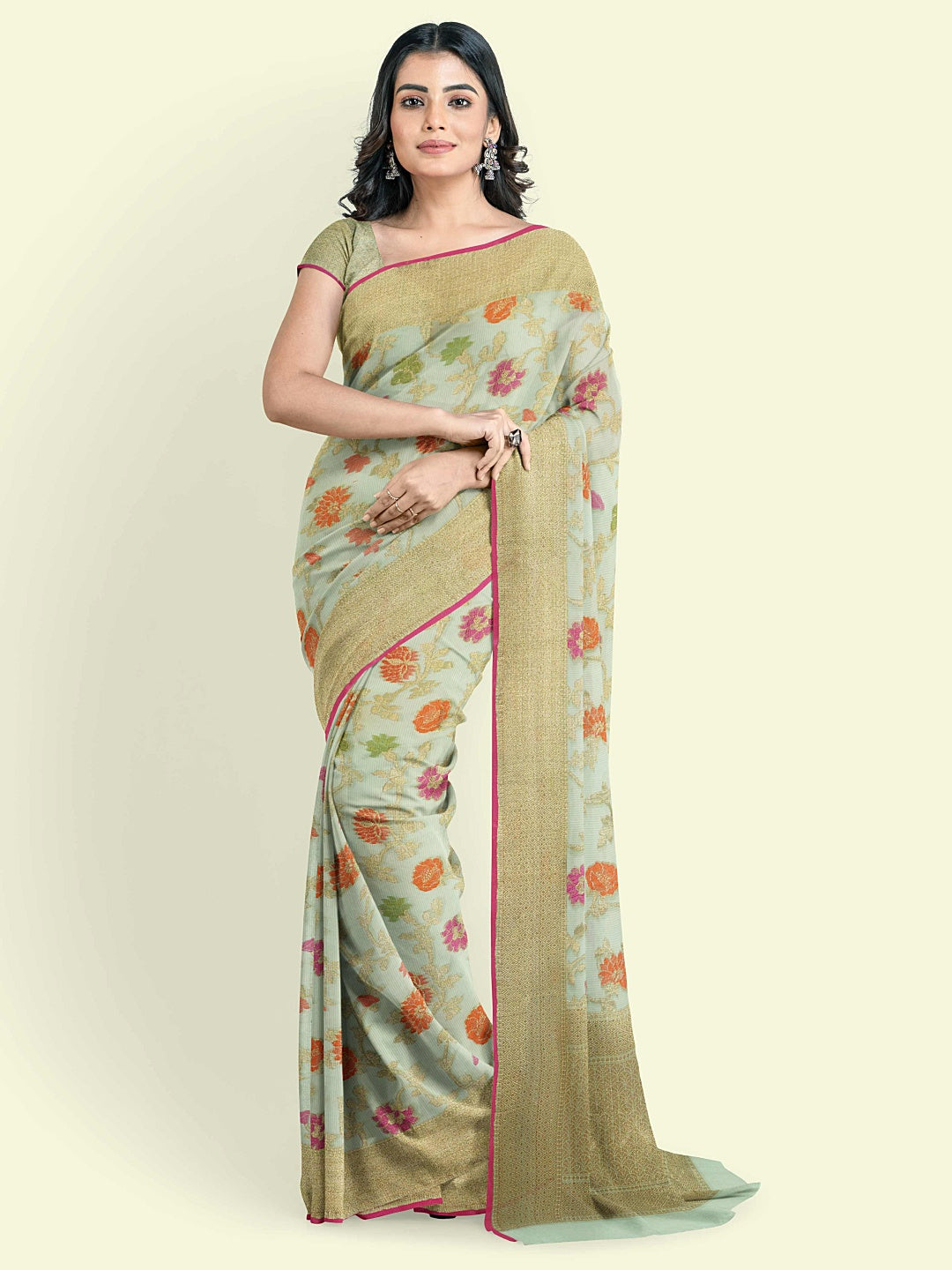 Faishana Presents Green Cotton Abstarct Pattern With Green Blouse Banarasi Saree