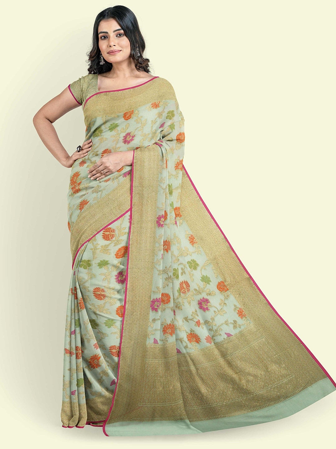 Faishana Presents Green Cotton Abstarct Pattern With Green Blouse Banarasi Saree