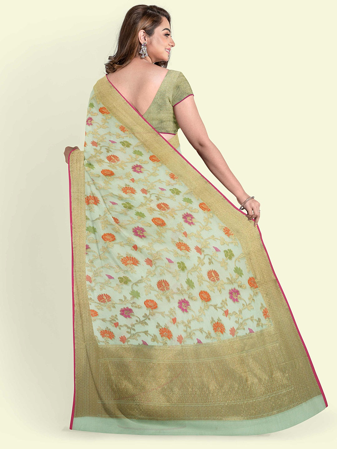 Faishana Presents Green Cotton Abstarct Pattern With Green Blouse Banarasi Saree