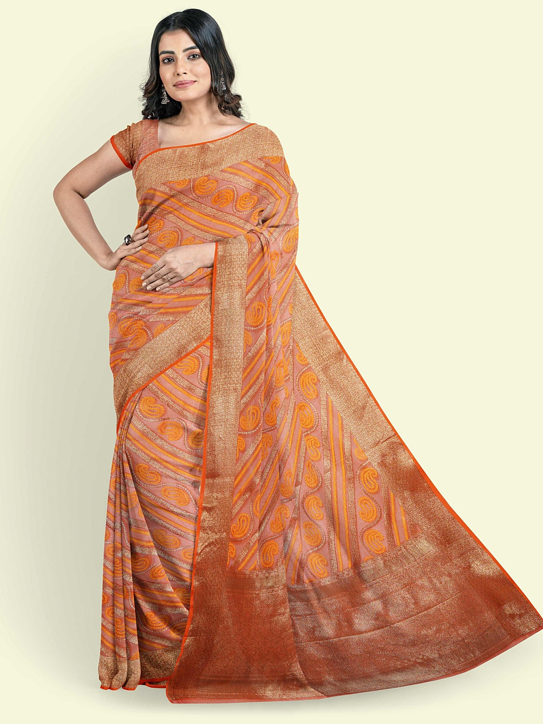 Faishana Presents Orange Cotton Paisley Stripe Zari With Orange Blouse Banarasi Saree