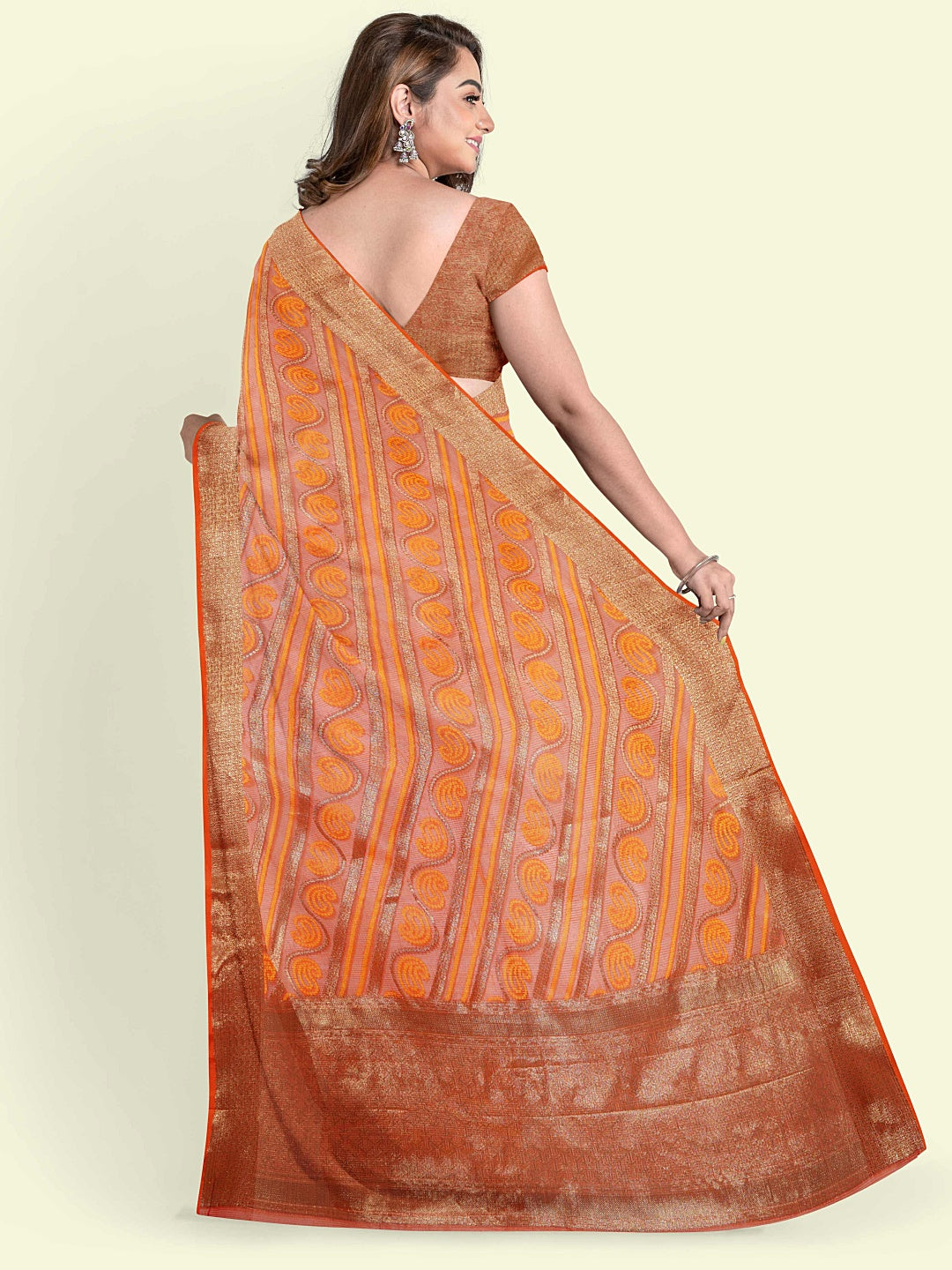 Faishana Presents Orange Cotton Paisley Stripe Zari With Orange Blouse Banarasi Saree