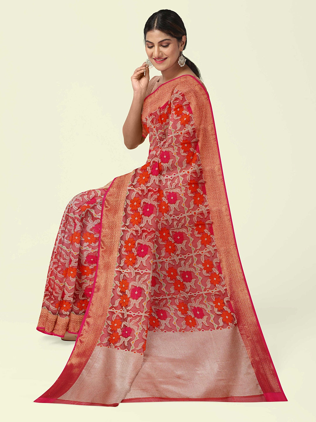 Faishana Presents Red Floral Jaal Pattern With Red Border And Red Blouse Banarasi Saree