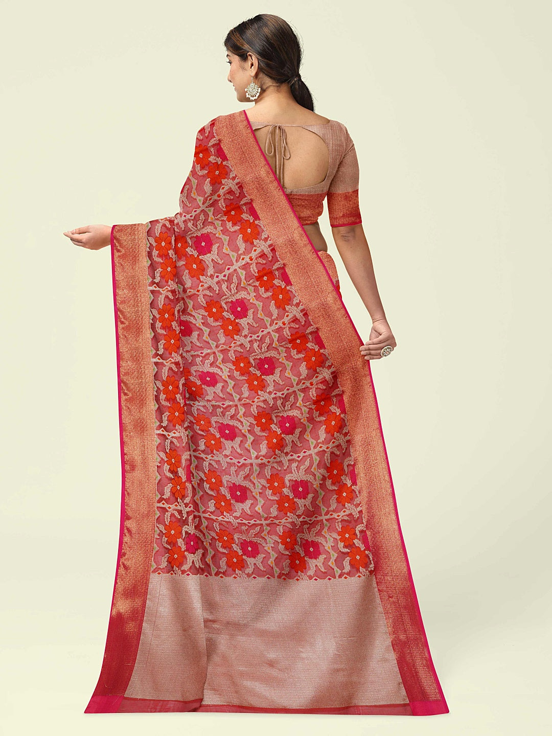 Faishana Presents Red Floral Jaal Pattern With Red Border And Red Blouse Banarasi Saree