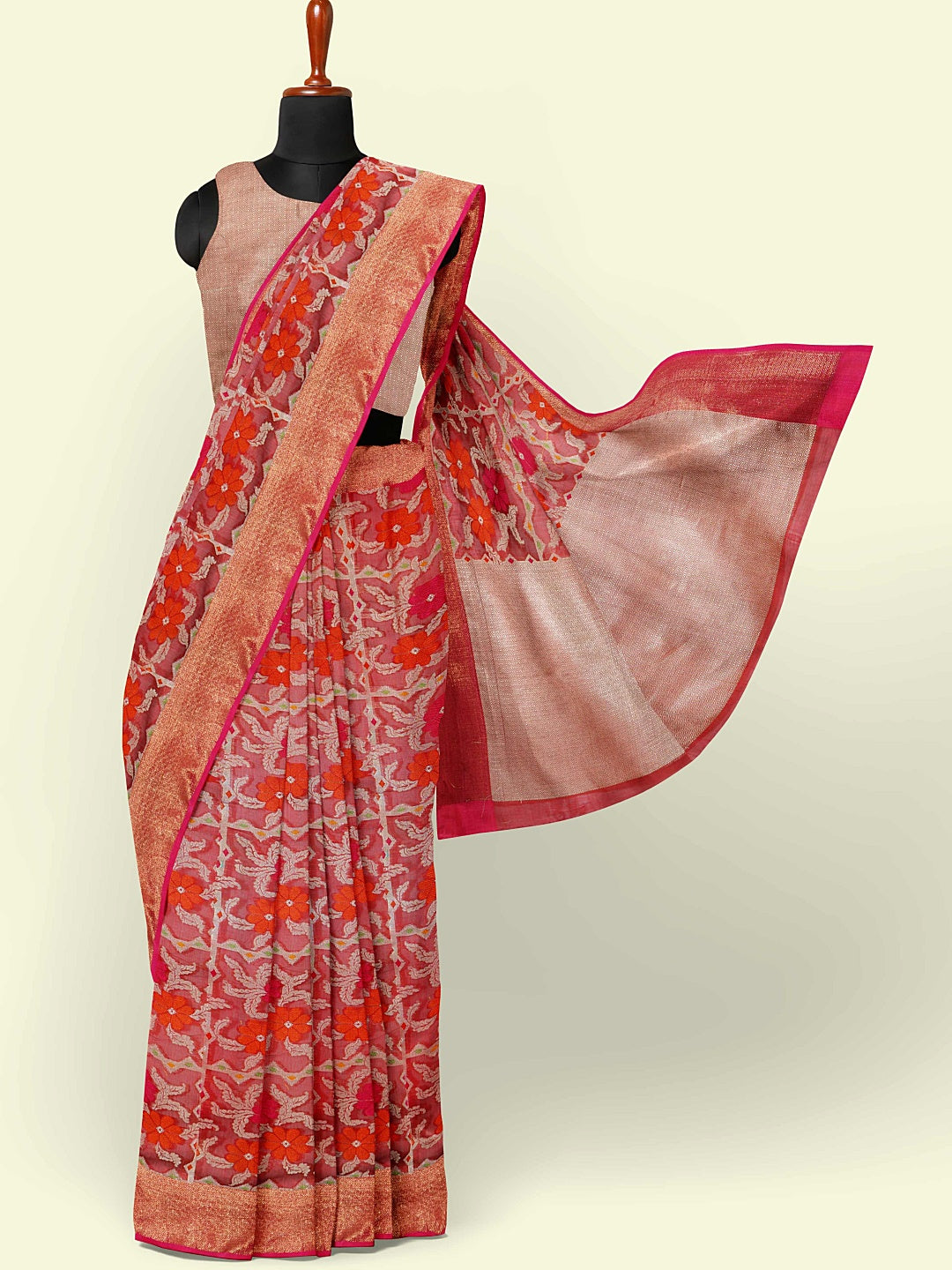 Faishana Presents Red Floral Jaal Pattern With Red Border And Red Blouse Banarasi Saree