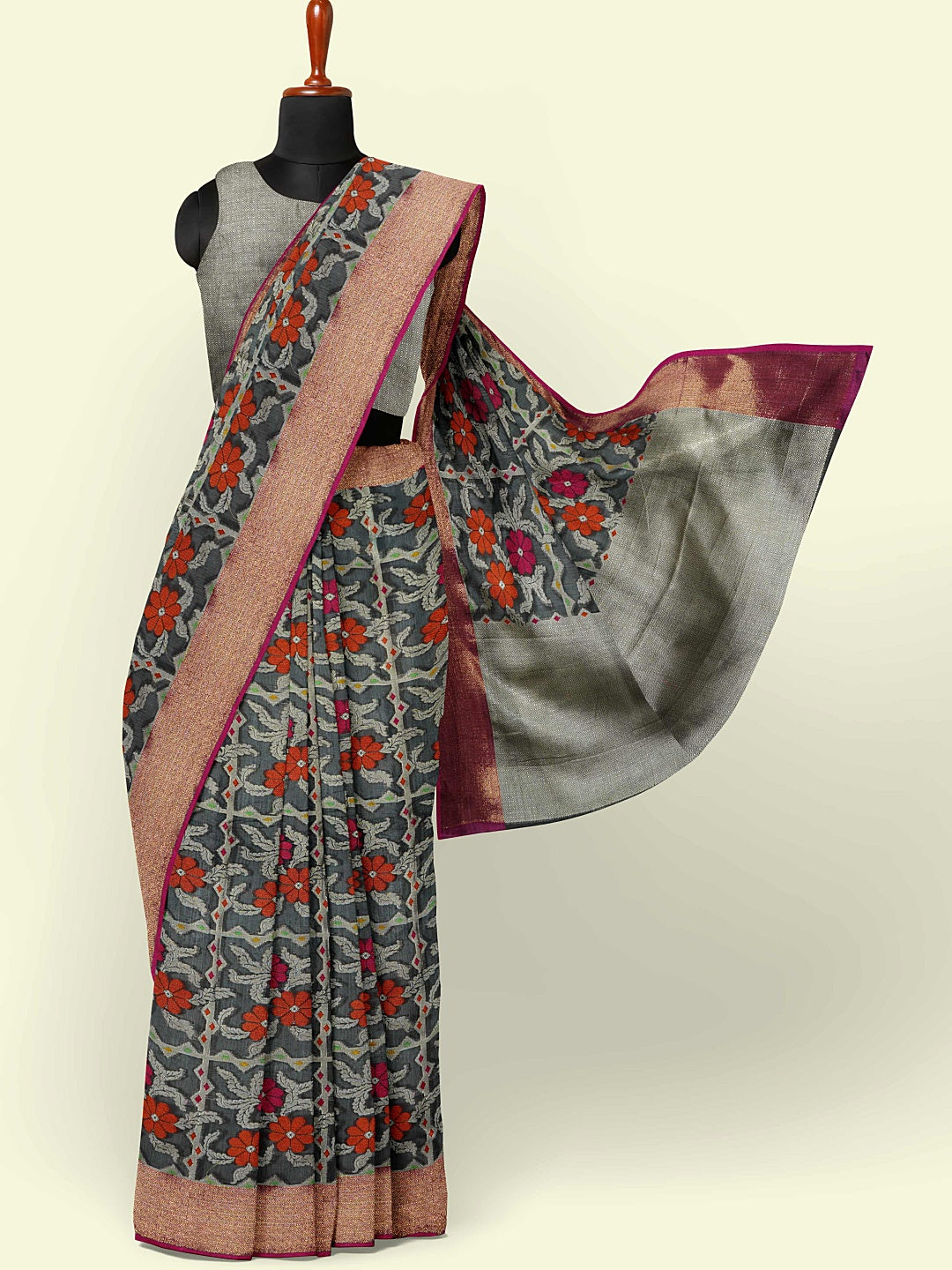 Faishana Presents Black Cotton Geometrical Pattern With Pink Border With Grey Blouse Banarasi Saree