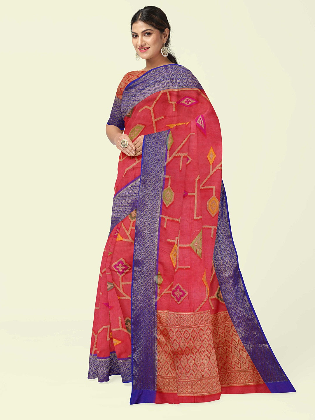 Faishana Presents Red Cotton Geometrical Pattern With Blue Border And Red Blouse Banarasi Saree