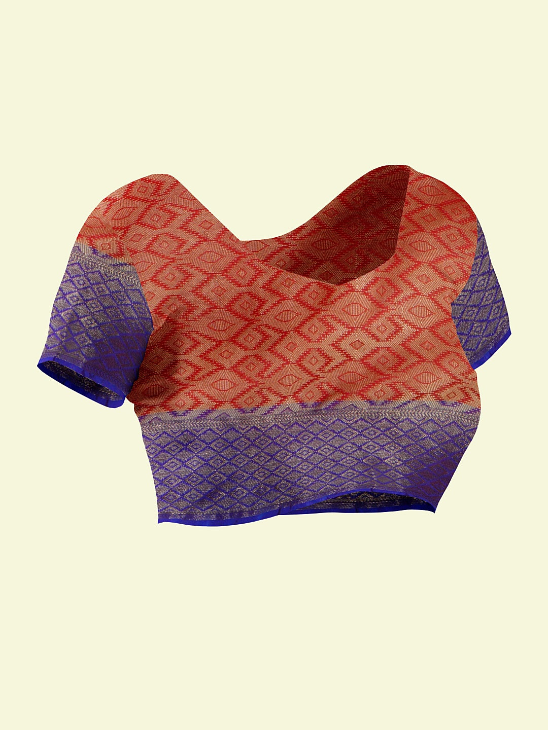 Faishana Presents Red Cotton Geometrical Pattern With Blue Border And Red Blouse Banarasi Saree