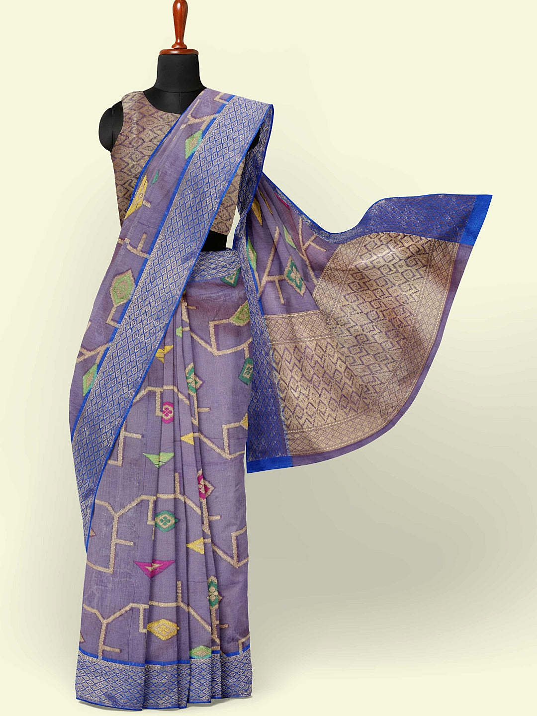 Faishana Presents Blue Cotton Geometrical Pattern With Blue Border And Blue Blouse Banarasi Saree