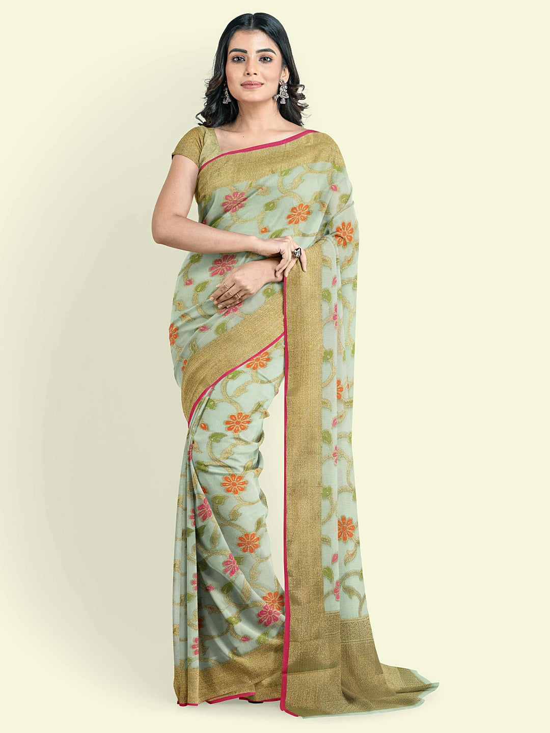 Faishana Presents Green Cotton Tilfi Jaal Booti Beige Border With Beige Blouse Banarasi Saree