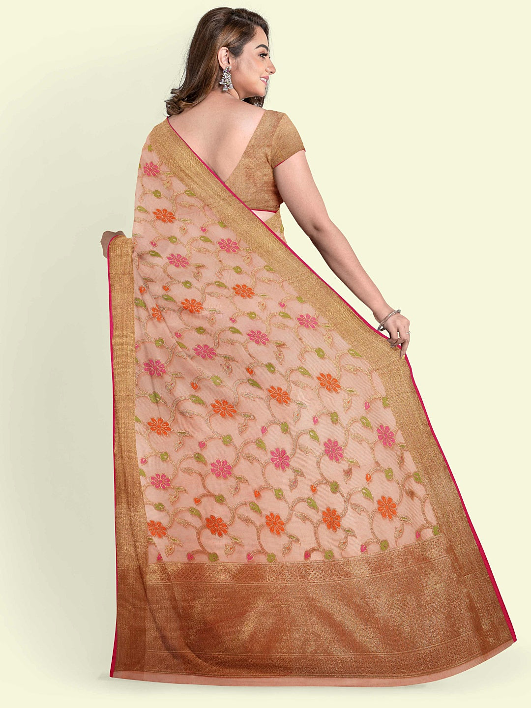 Faishana Presents Peach Cotton Alfi Jaal Floral Booti Beige Border With Pink Blouse Banarasi Saree