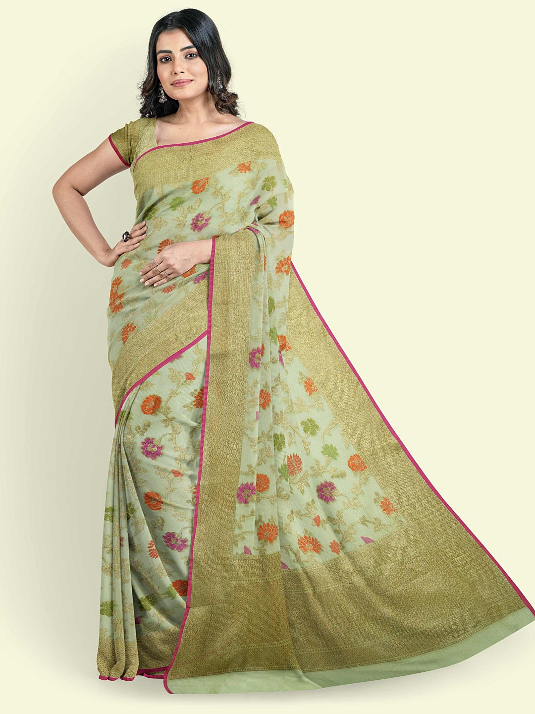 Faishana Presents Green Cotton Abstarct Design With Green Blouse Banarasi Saree