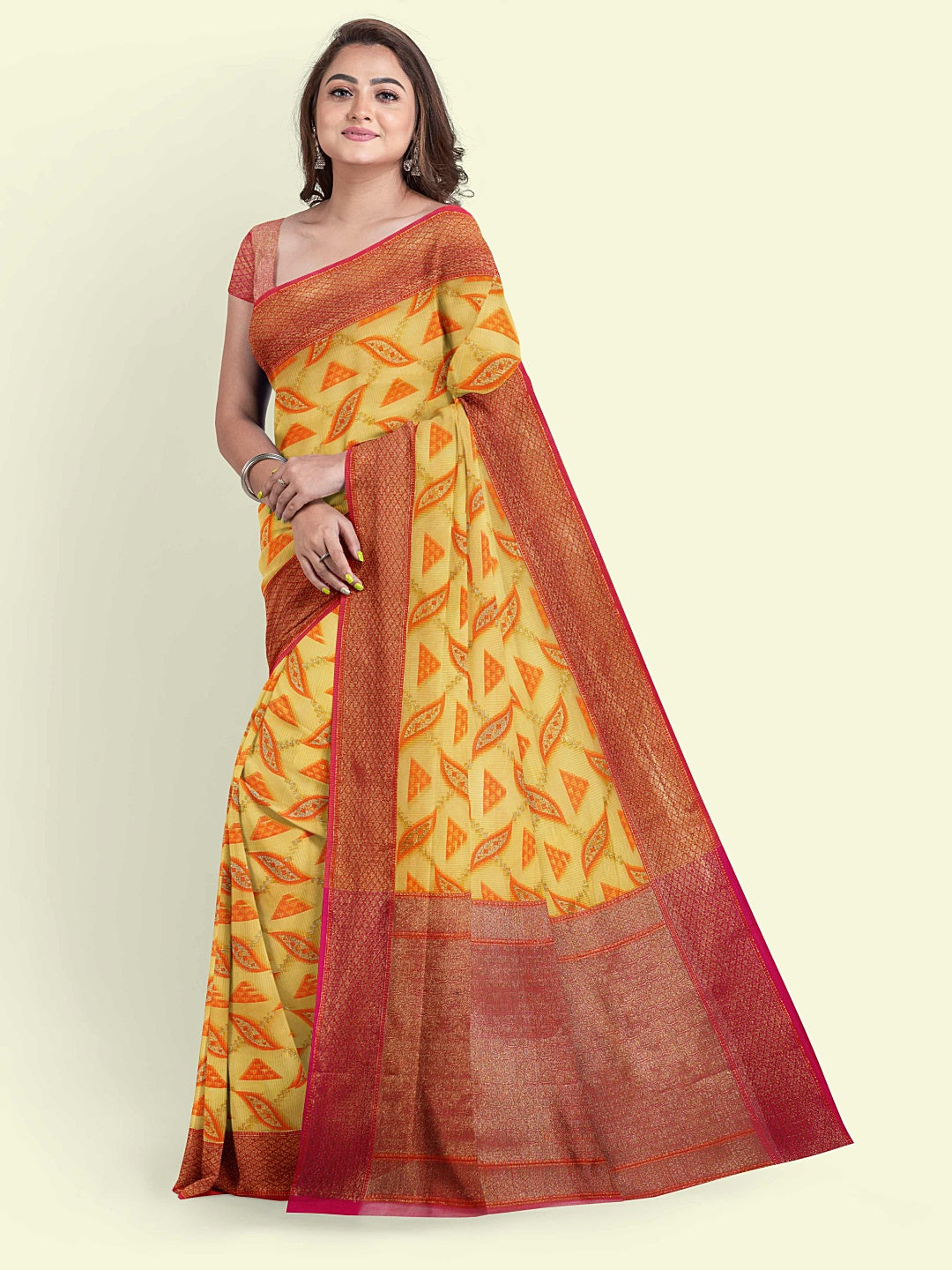 Faishana Presents Yellow Cotton Abstarct Design With Pink Blouse Banarasi Saree