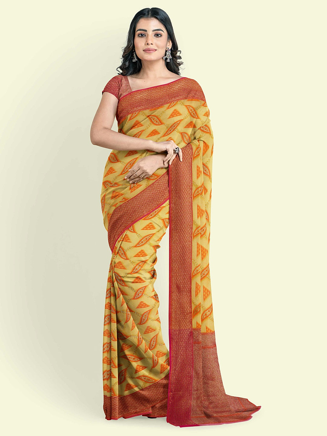 Faishana Presents Yellow Cotton Abstarct Design With Pink Blouse Banarasi Saree