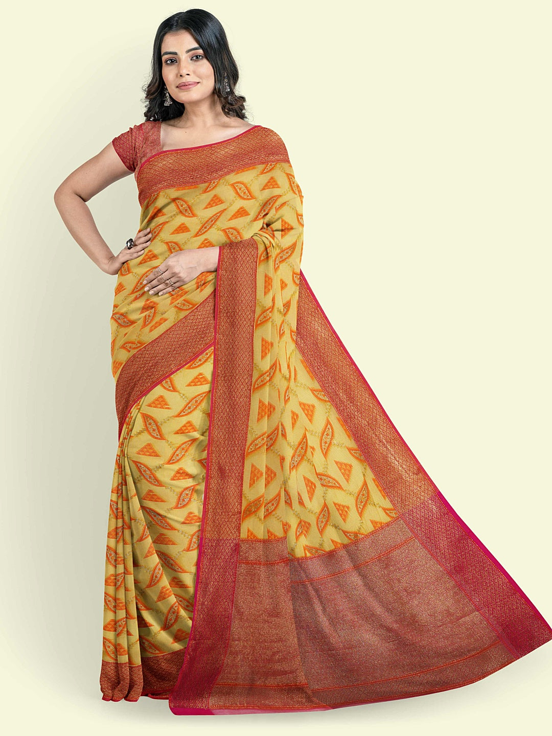 Faishana Presents Yellow Cotton Abstarct Design With Pink Blouse Banarasi Saree