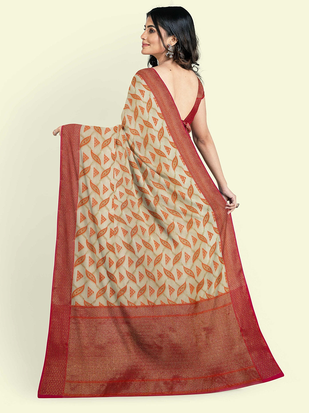 Faishana Presents Beige Cotton Abstarct Design With Red Blouse Banarasi Saree