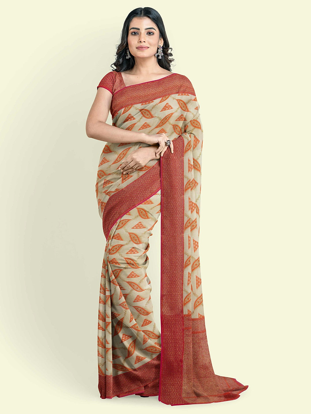 Faishana Presents Beige Cotton Abstarct Design With Red Blouse Banarasi Saree