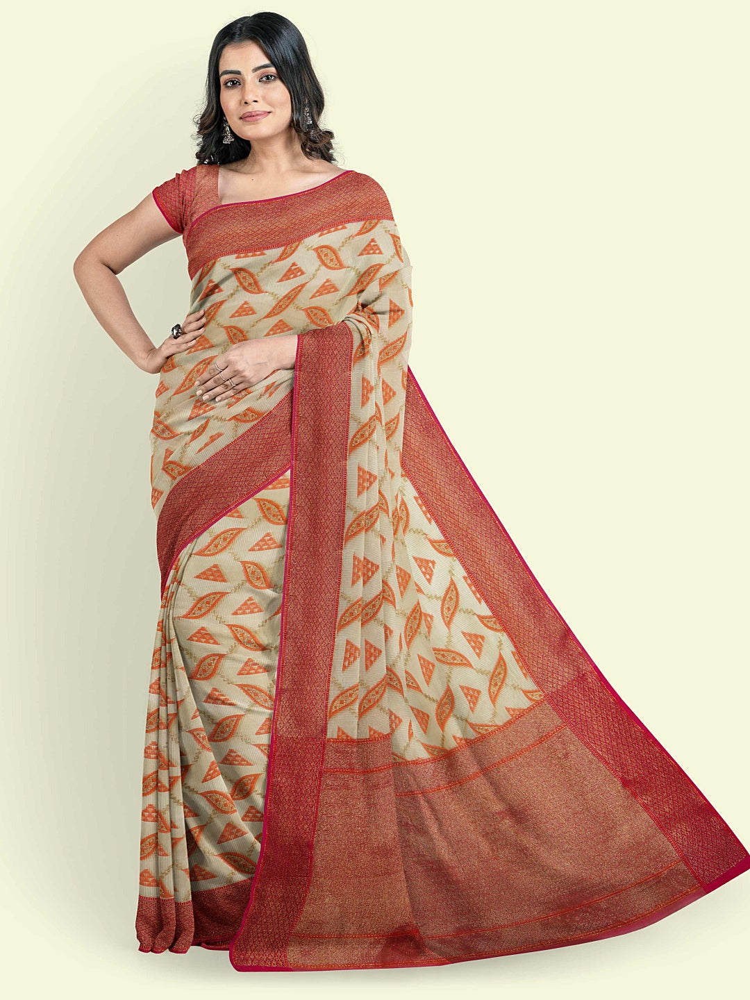 Faishana Presents Beige Cotton Abstarct Design With Red Blouse Banarasi Saree