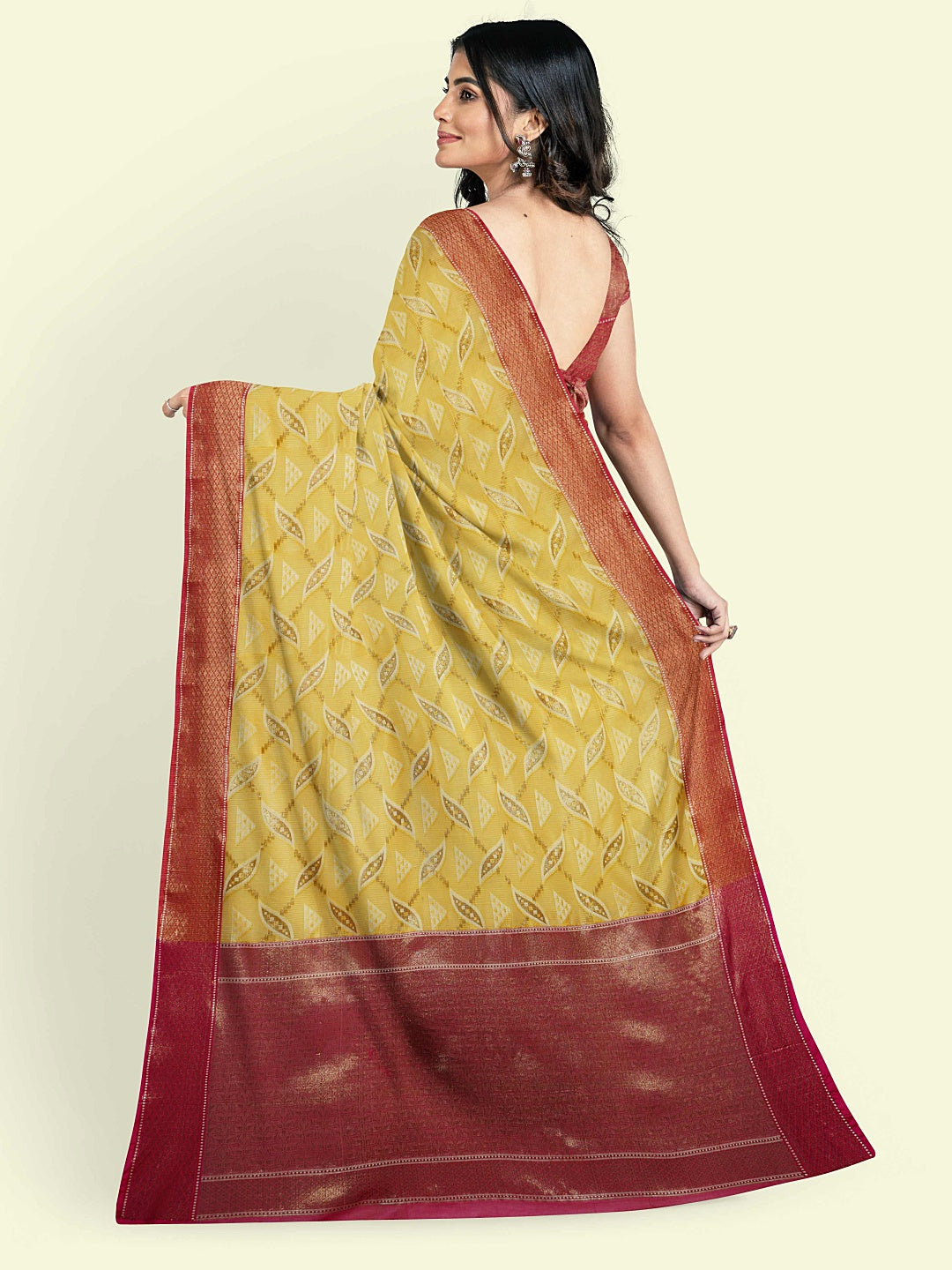 Faishana Presents Yellow Abstarct Huge Square Pattern Pink Meena With Pink Border And Pink Blouse Banarasi Saree