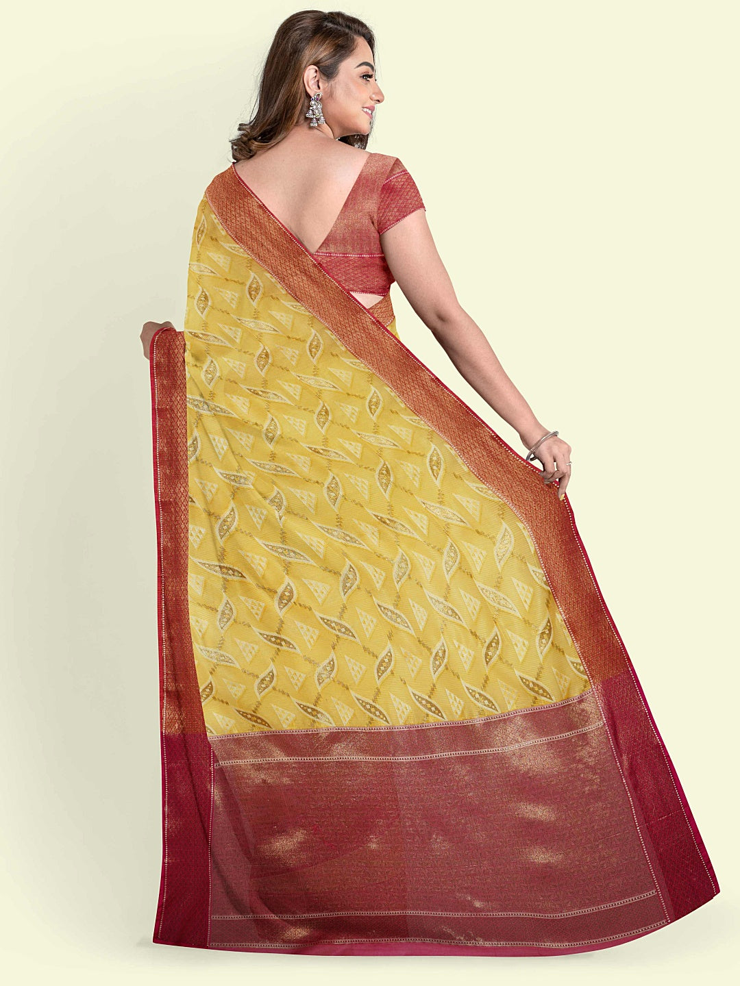Faishana Presents Yellow Abstarct Huge Square Pattern Pink Meena With Pink Border And Pink Blouse Banarasi Saree