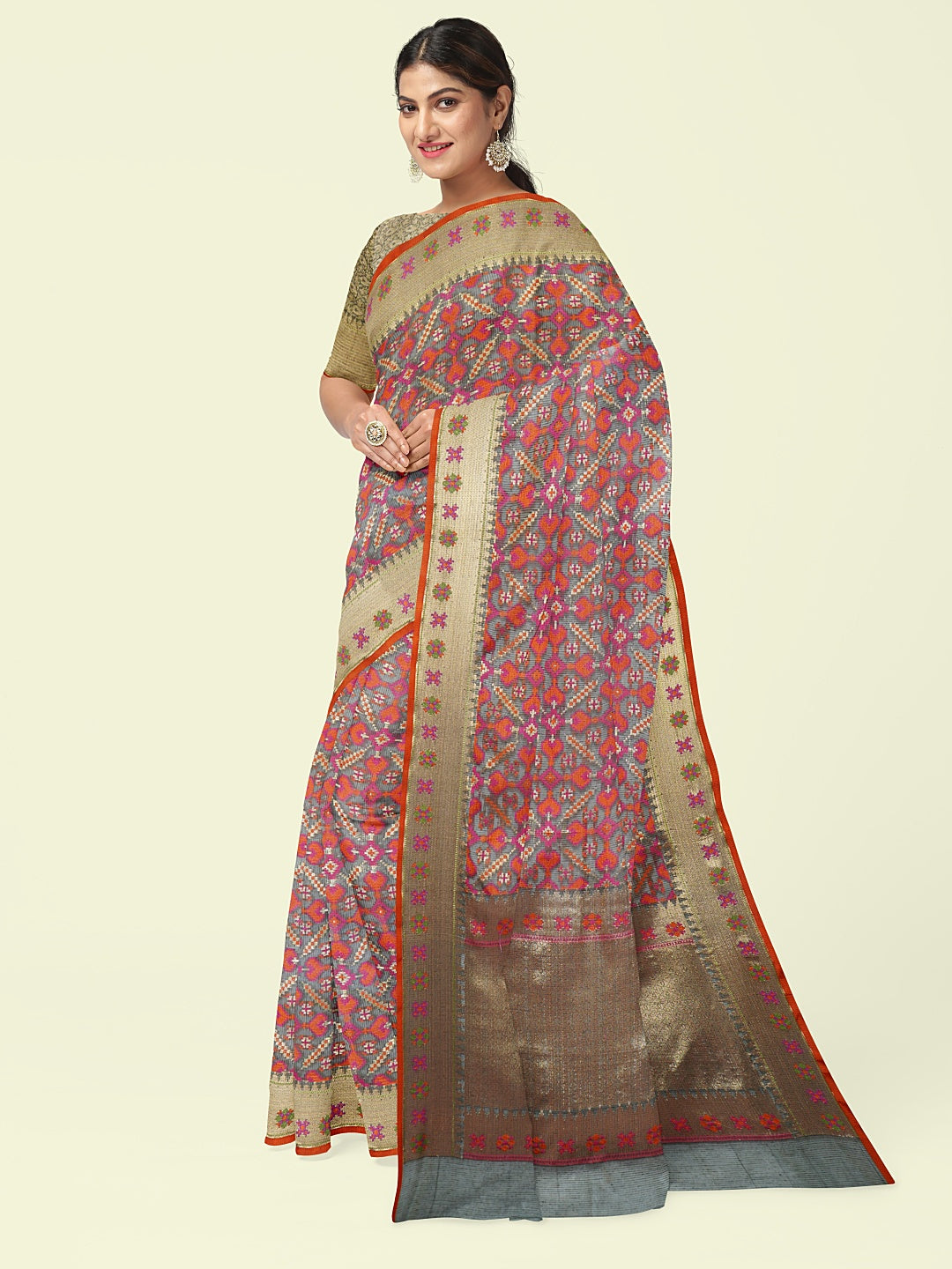 Faishana Presents Grey Kora Cotton Jaal Skirt Border With Grey Blouse Banarasi Saree