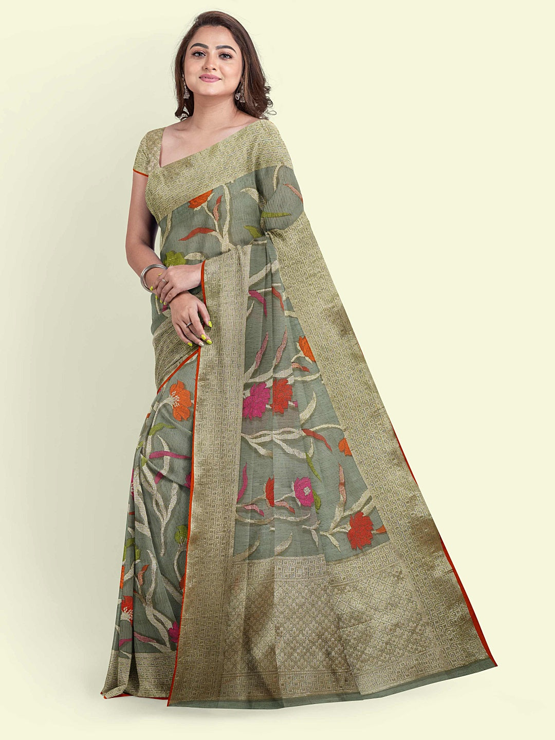 Grey Cotton Blend Banarasi Sarees For Women GEASF_760