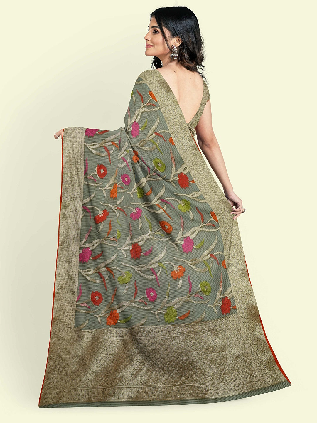 Grey Cotton Blend Banarasi Sarees For Women GEASF_760
