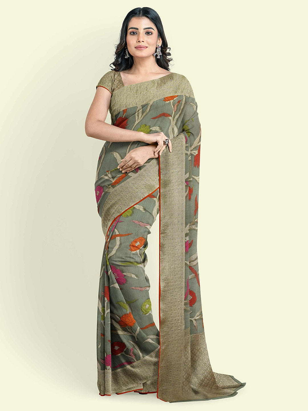Faishana Presents Grey Cotton Jaal Skirt Border With Grey Blouse Banarasi Saree