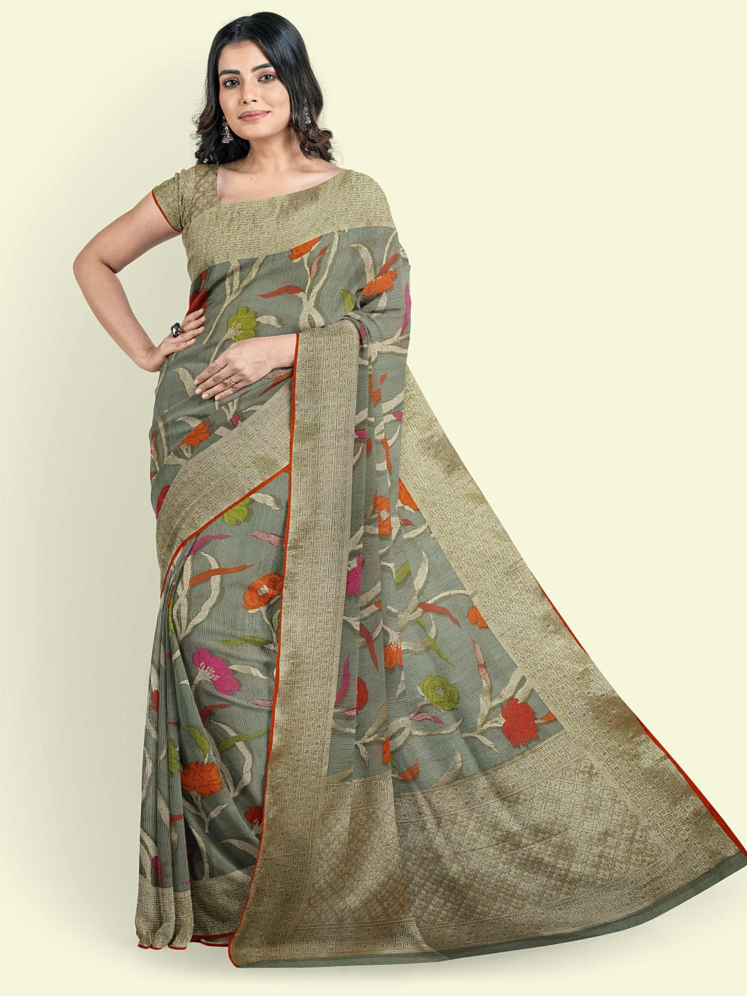 Grey Cotton Blend Banarasi Sarees For Women GEASF_760