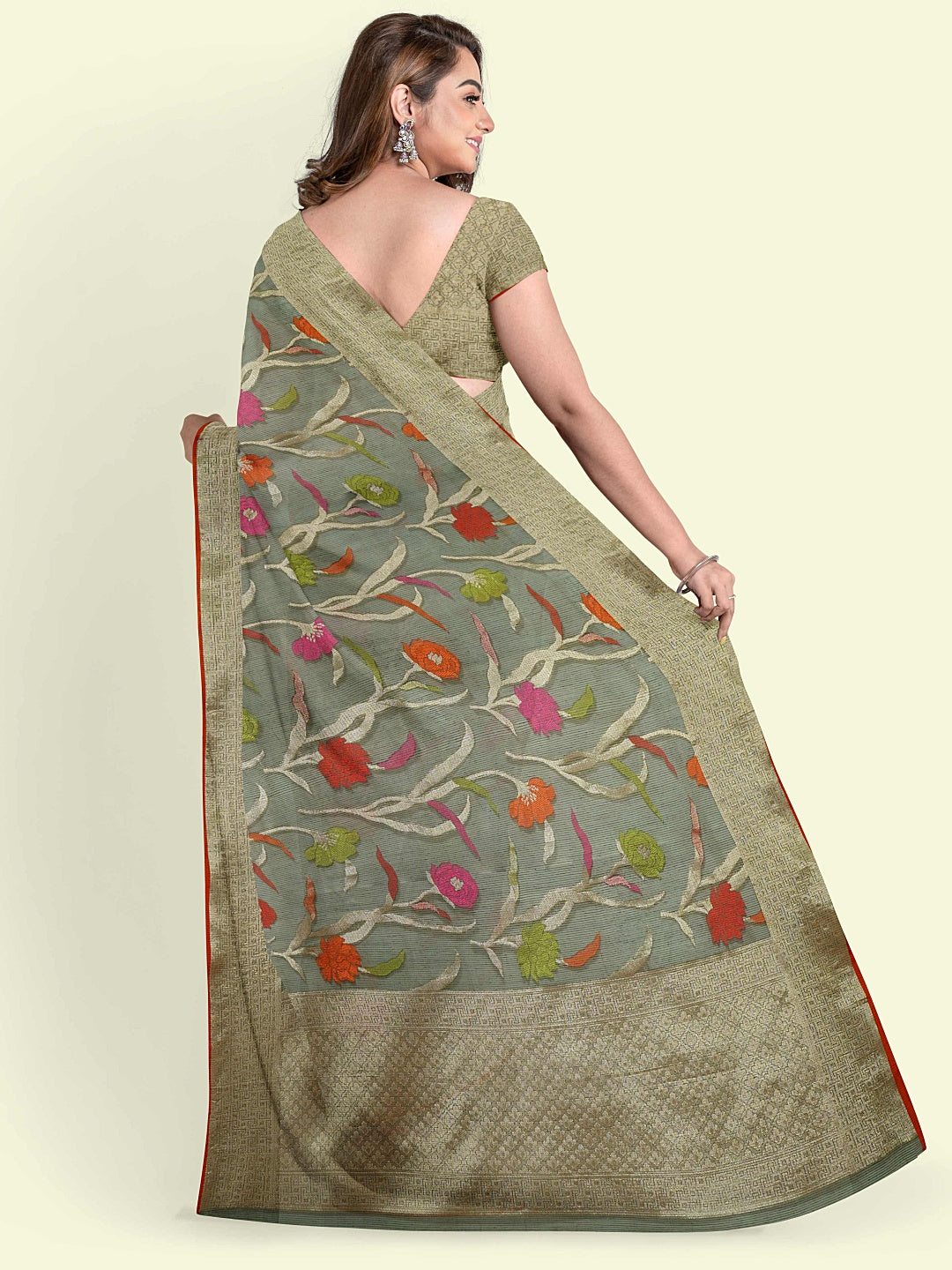 Grey Cotton Blend Banarasi Sarees For Women GEASF_760