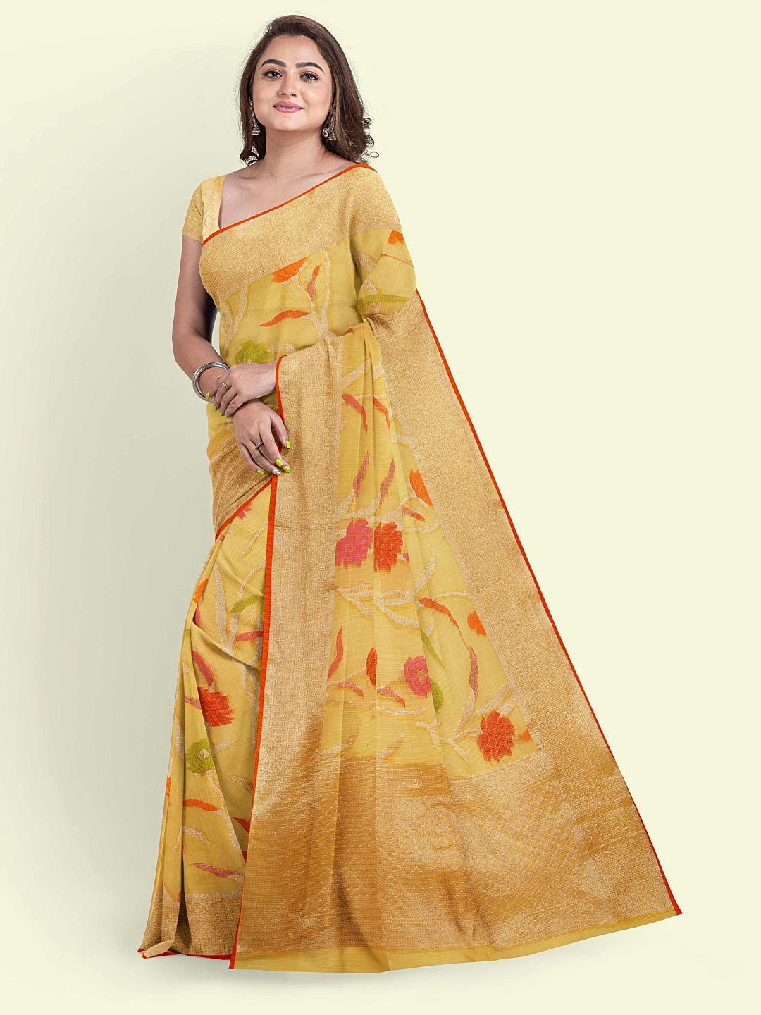 Yellow Cotton Blend Banarasi Sarees For Women GEASF_763