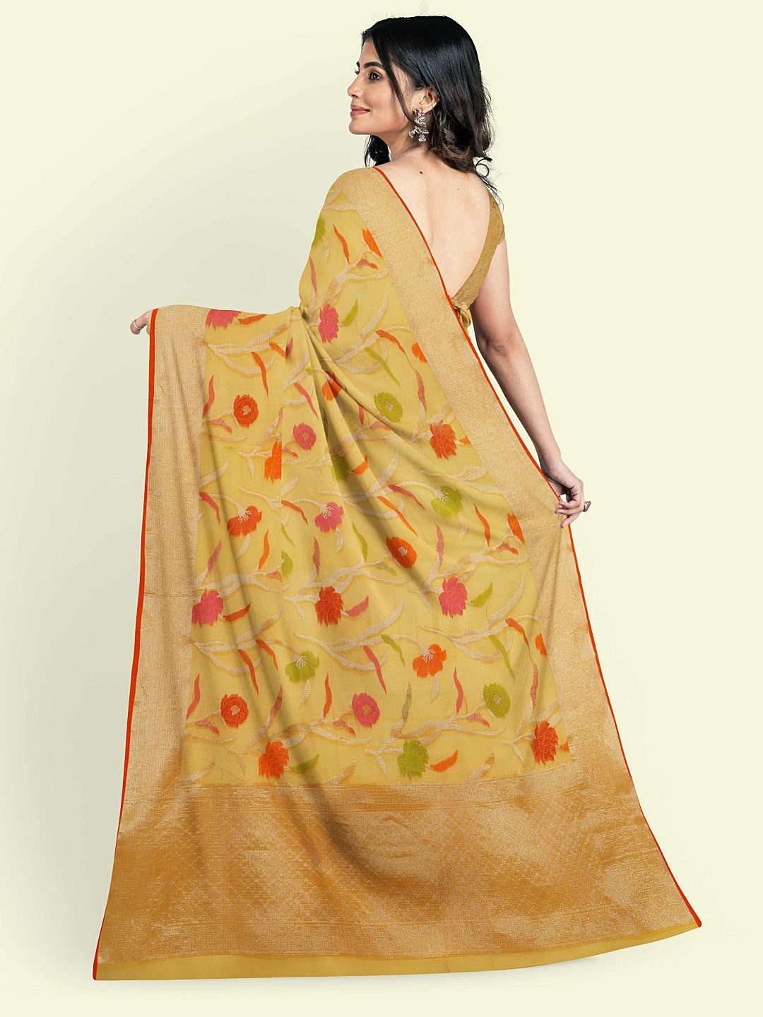 Yellow Cotton Blend Banarasi Sarees For Women GEASF_763