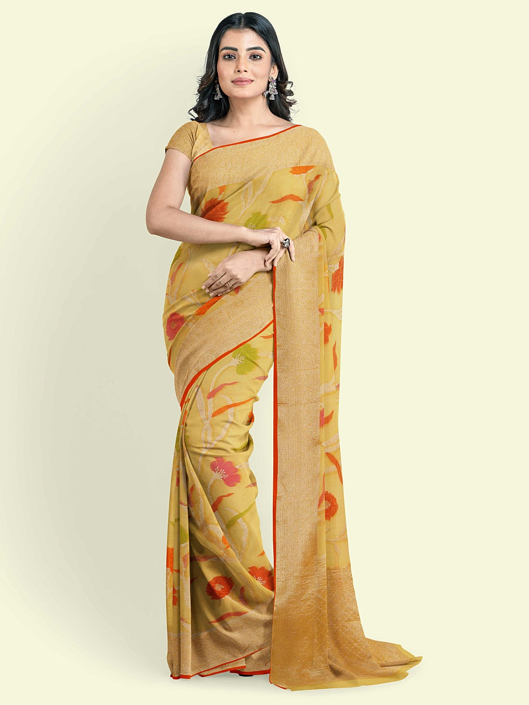 Yellow Cotton Blend Banarasi Sarees For Women GEASF_763