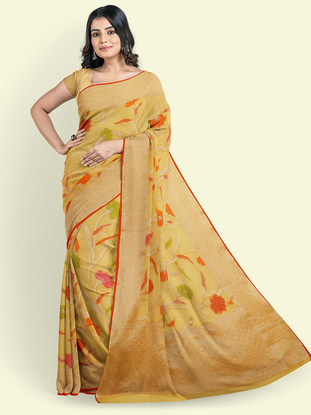 Faishana Presents Yellow Green Cotton Floral Booti Yellow Border With Yellow Blouse Banarasi Saree