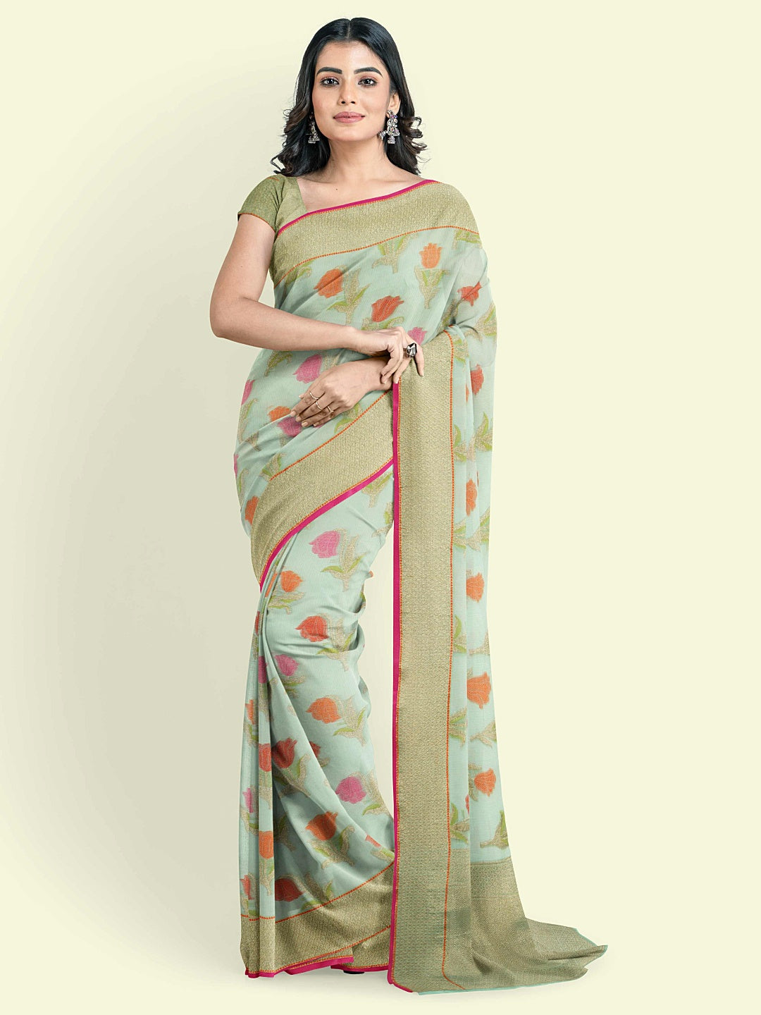 Faishana Presents Sea Green Cotton Floral Booti Beige Border With Sea Green Blouse Banarasi Saree
