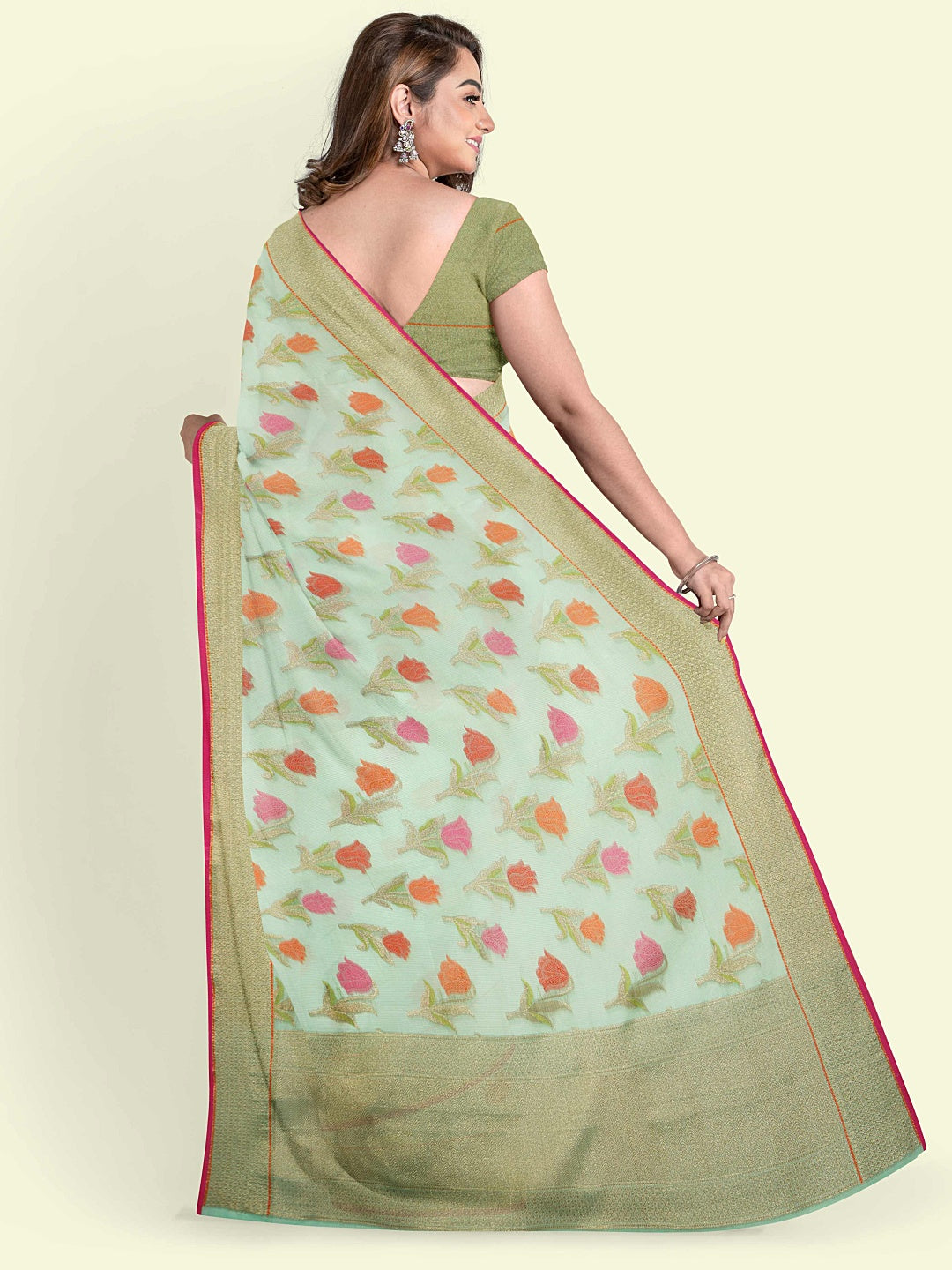 Faishana Presents Sea Green Cotton Floral Booti Beige Border With Sea Green Blouse Banarasi Saree