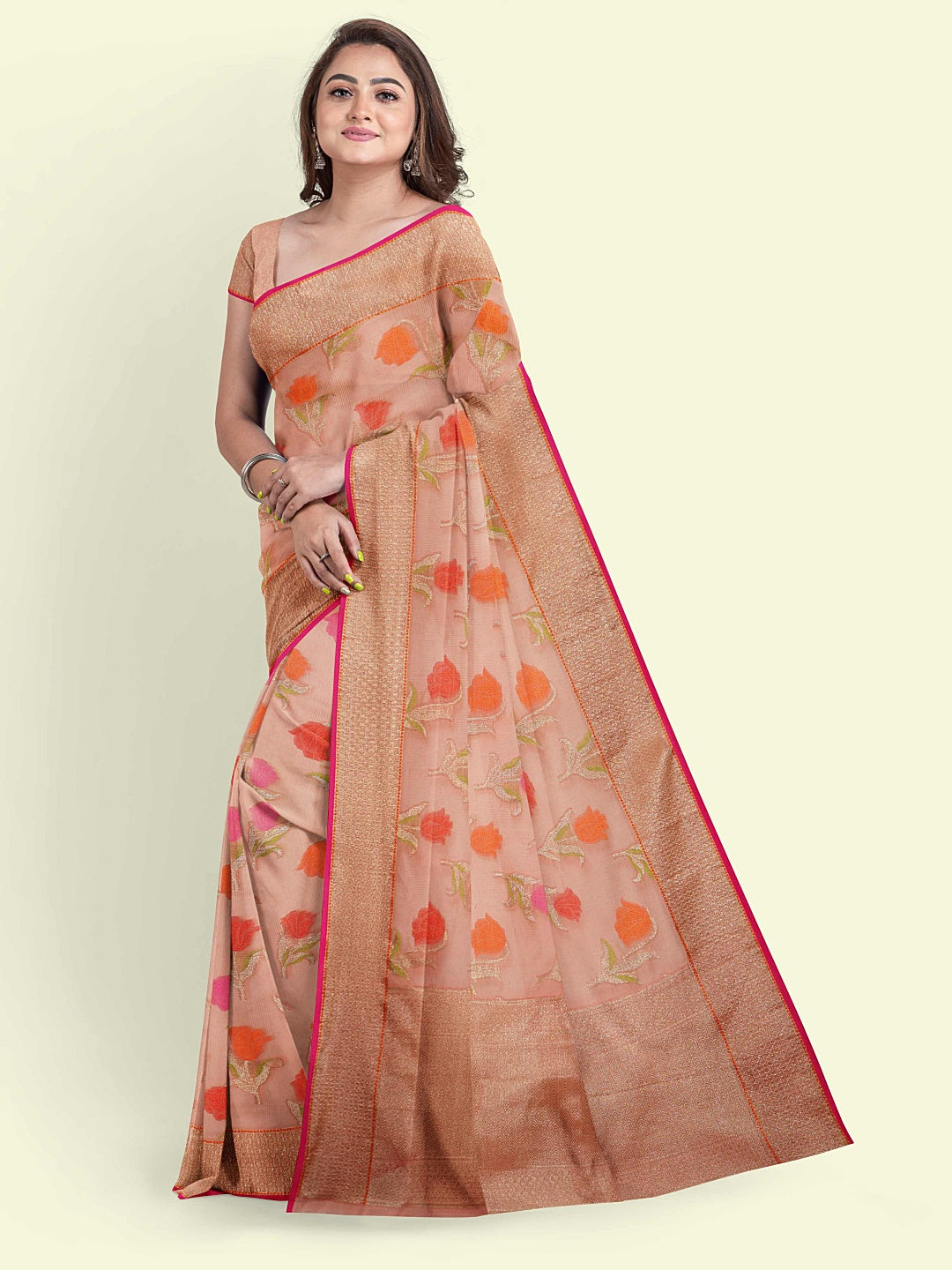 Faishana Presents Pink Cotton Floral Booti Beige Border With Pink Blouse Banarasi Saree