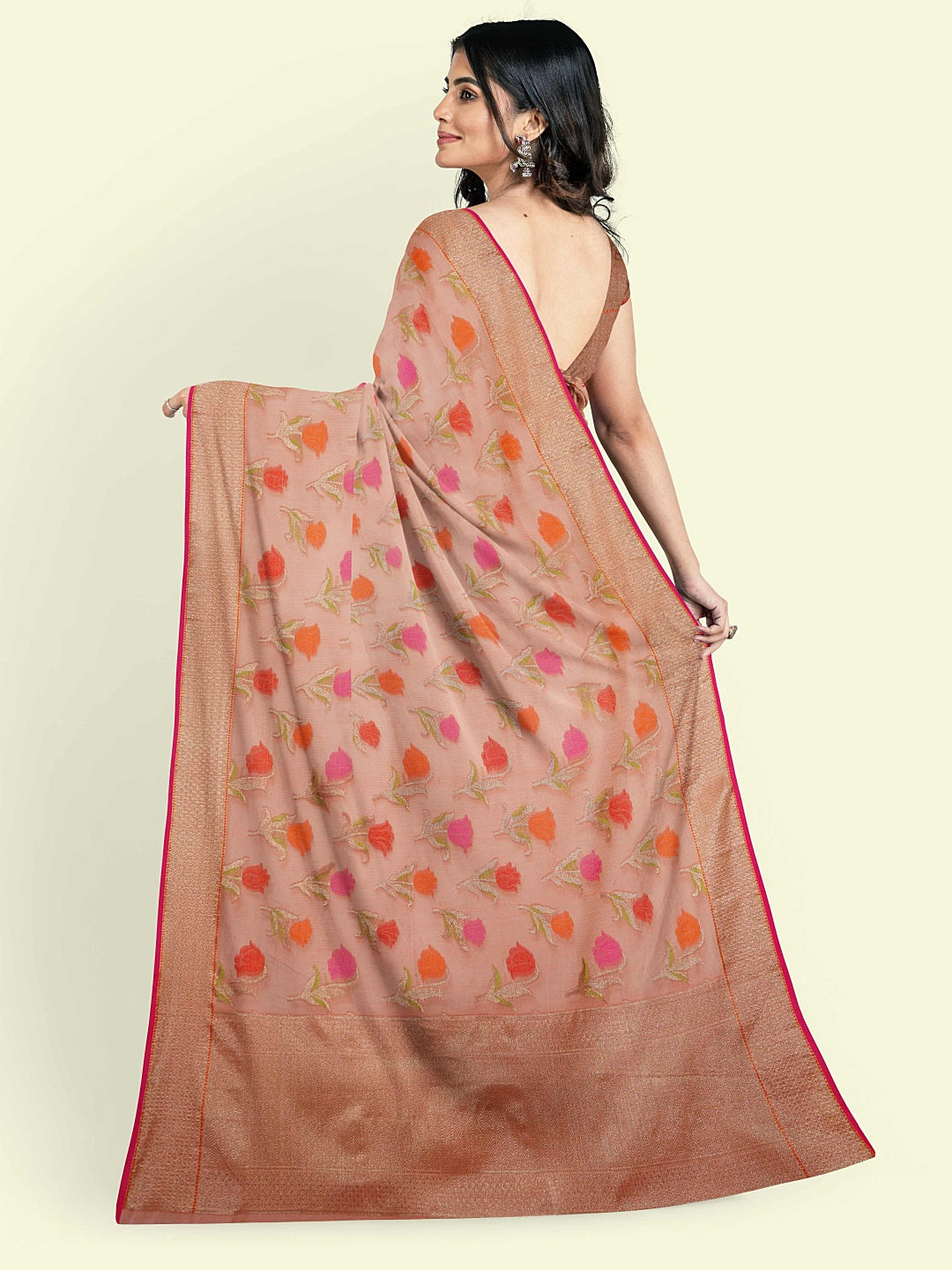 Faishana Presents Pink Cotton Floral Booti Beige Border With Pink Blouse Banarasi Saree