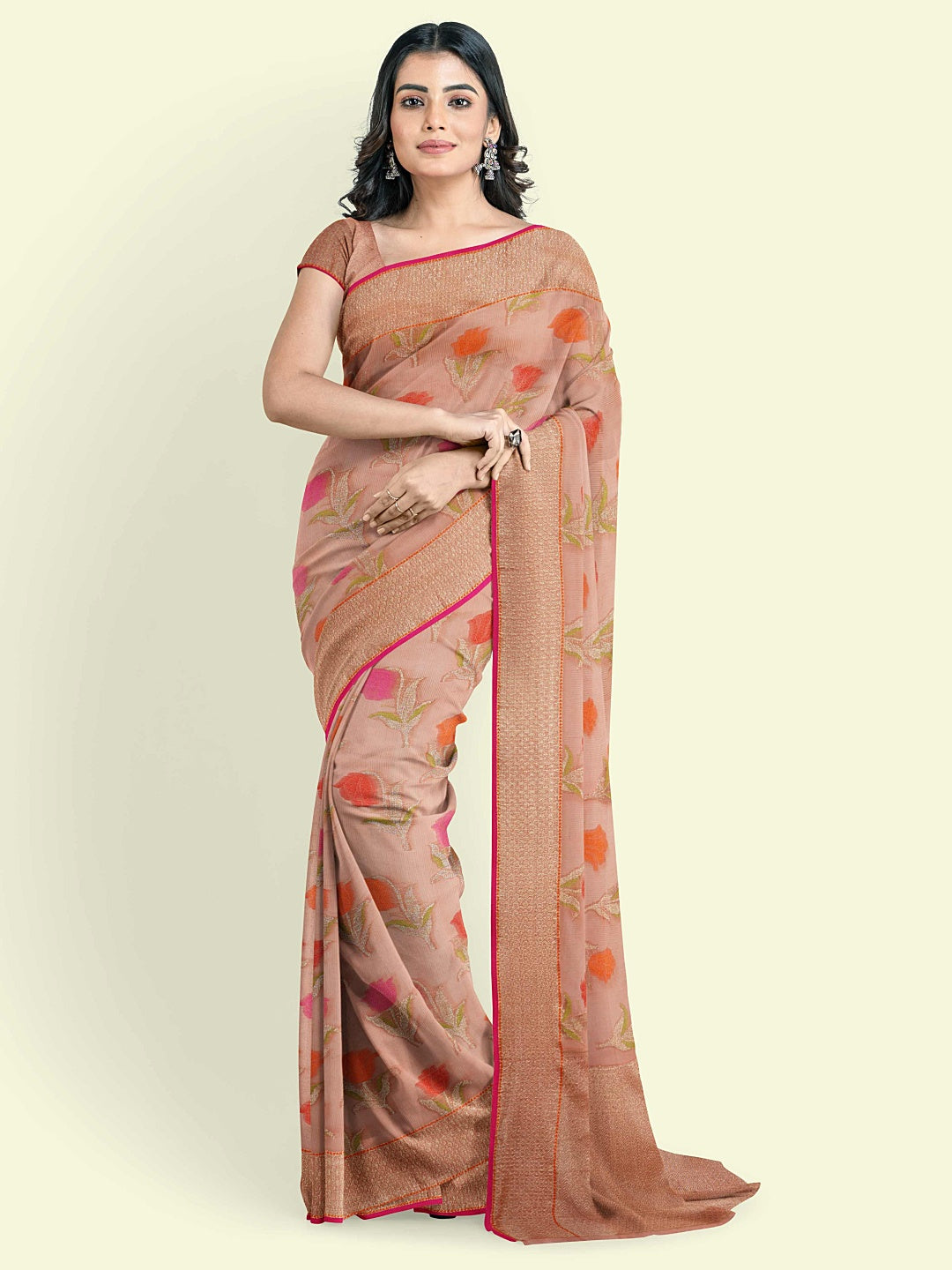 Faishana Presents Pink Cotton Floral Booti Beige Border With Pink Blouse Banarasi Saree