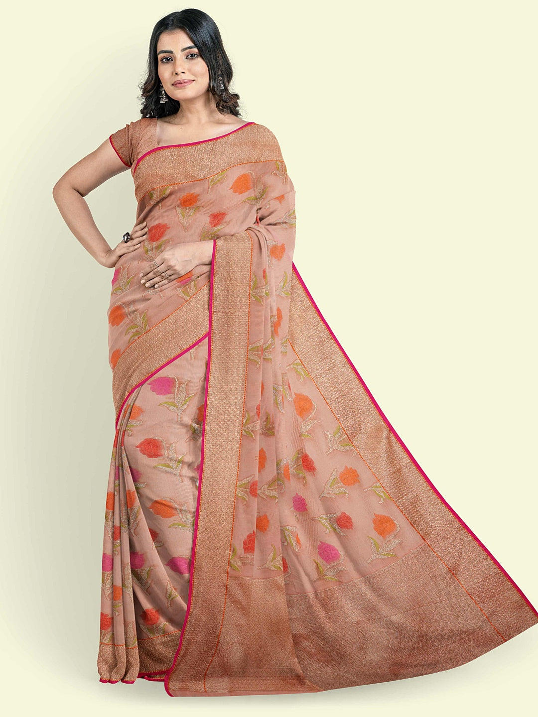 Faishana Presents Pink Cotton Floral Booti Beige Border With Pink Blouse Banarasi Saree