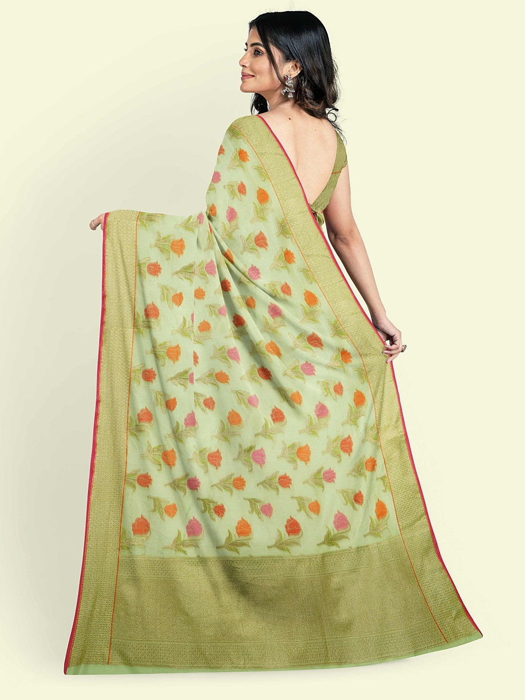 Faishana Presents Green Cotton Floral Booti Beige Border With Green Blouse Banarasi Saree