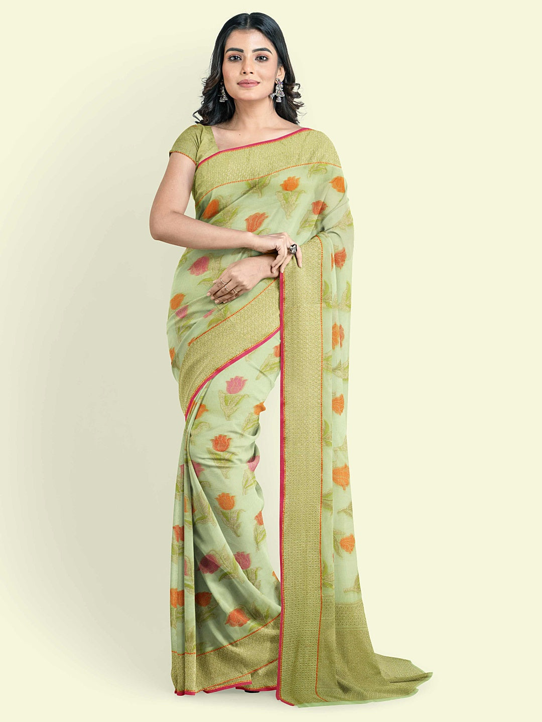 Faishana Presents Green Cotton Floral Booti Beige Border With Green Blouse Banarasi Saree