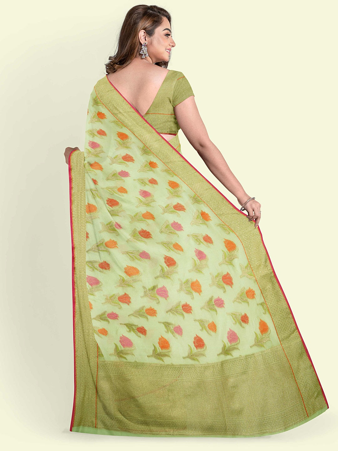Faishana Presents Green Cotton Floral Booti Beige Border With Green Blouse Banarasi Saree