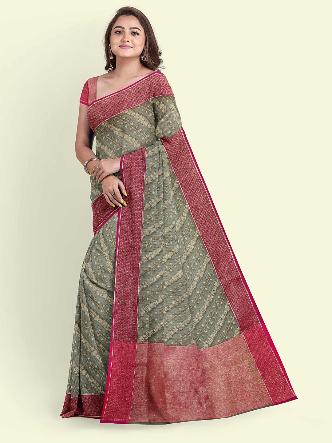 Faishana Presents Grey Cotton Diagonal Stripe Motif Pink Border With Pink Blouse Banarasi Saree