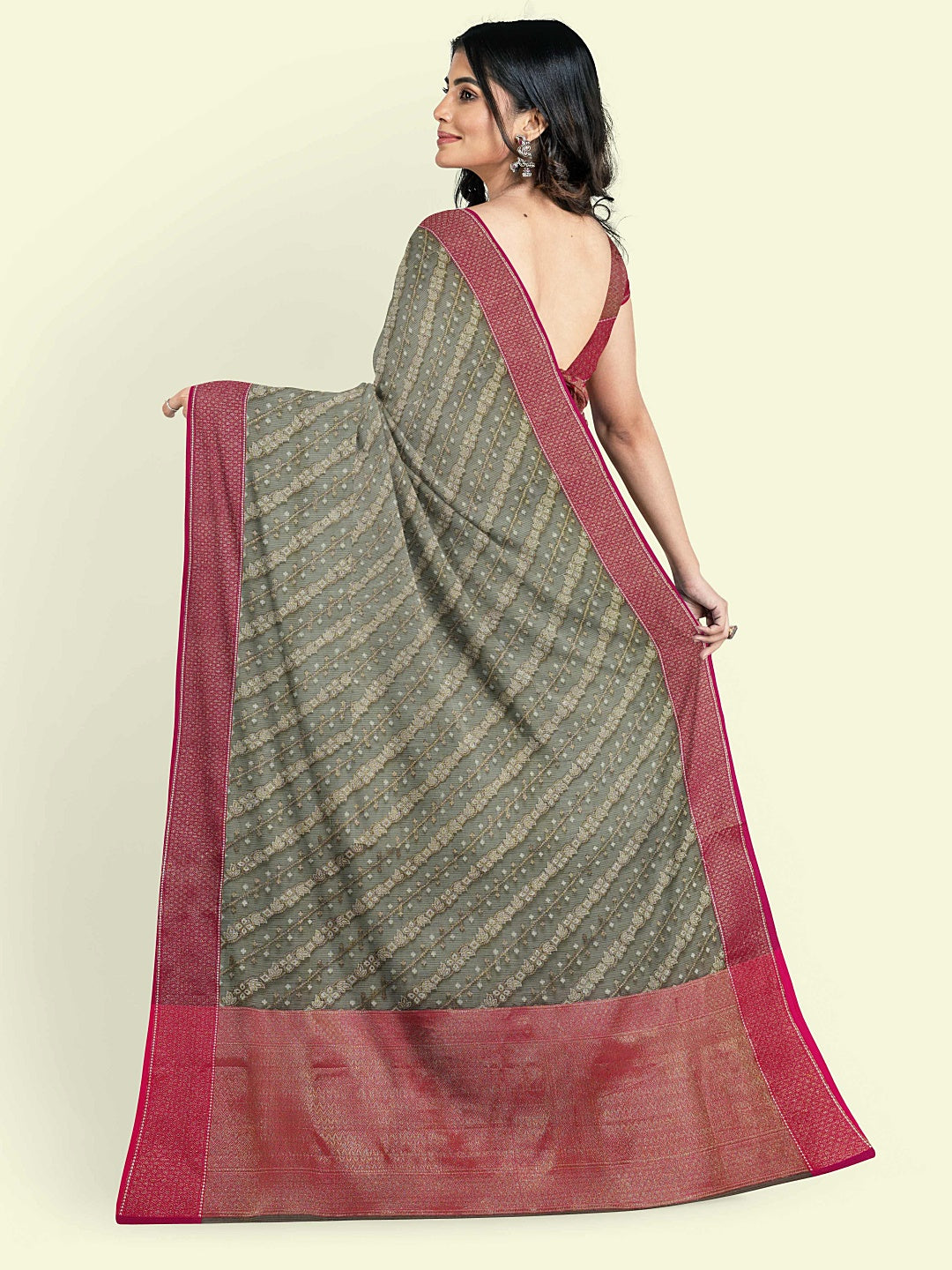 Faishana Presents Grey Cotton Diagonal Stripe Motif Pink Border With Pink Blouse Banarasi Saree