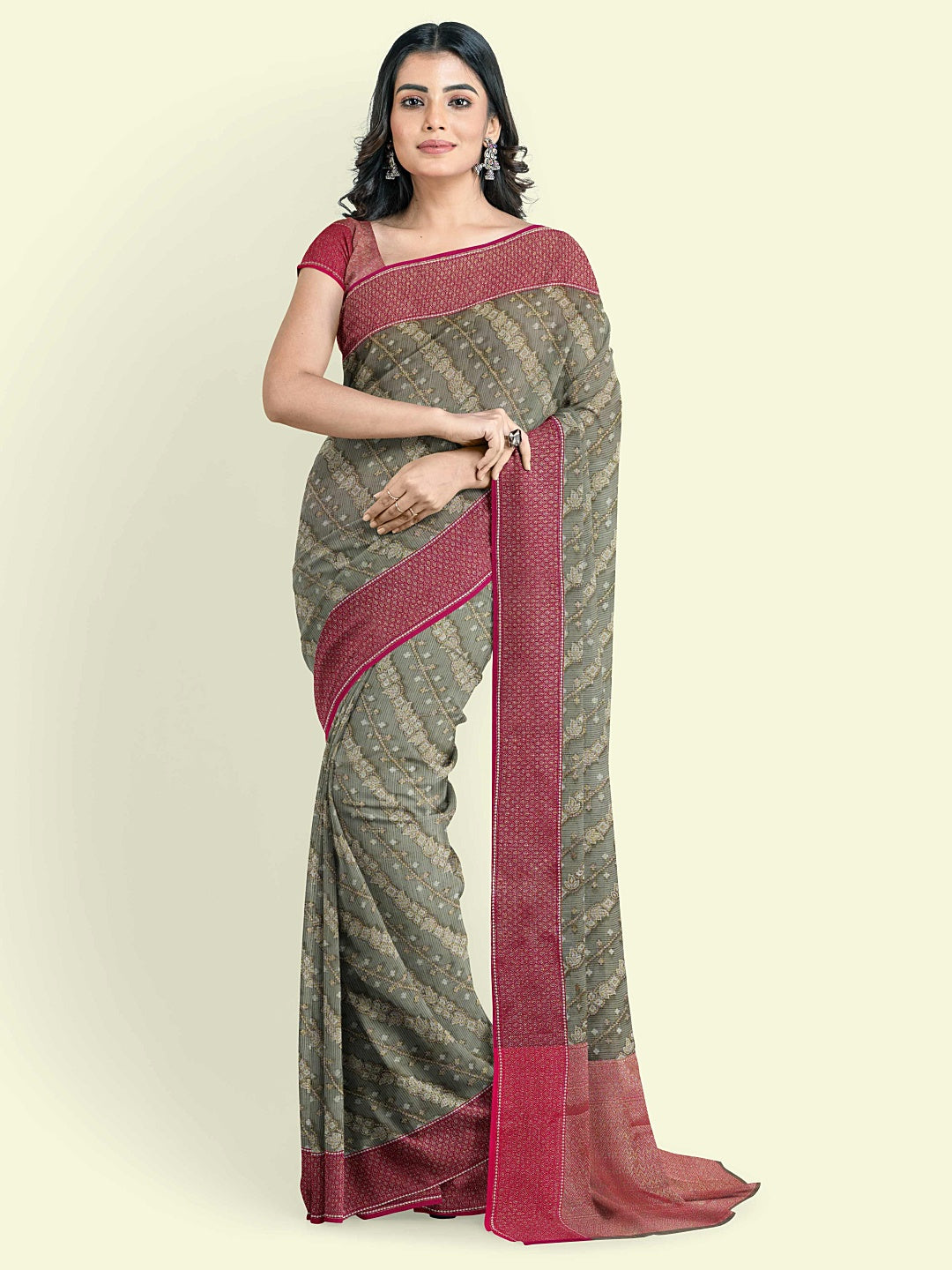 Faishana Presents Grey Cotton Diagonal Stripe Motif Pink Border With Pink Blouse Banarasi Saree