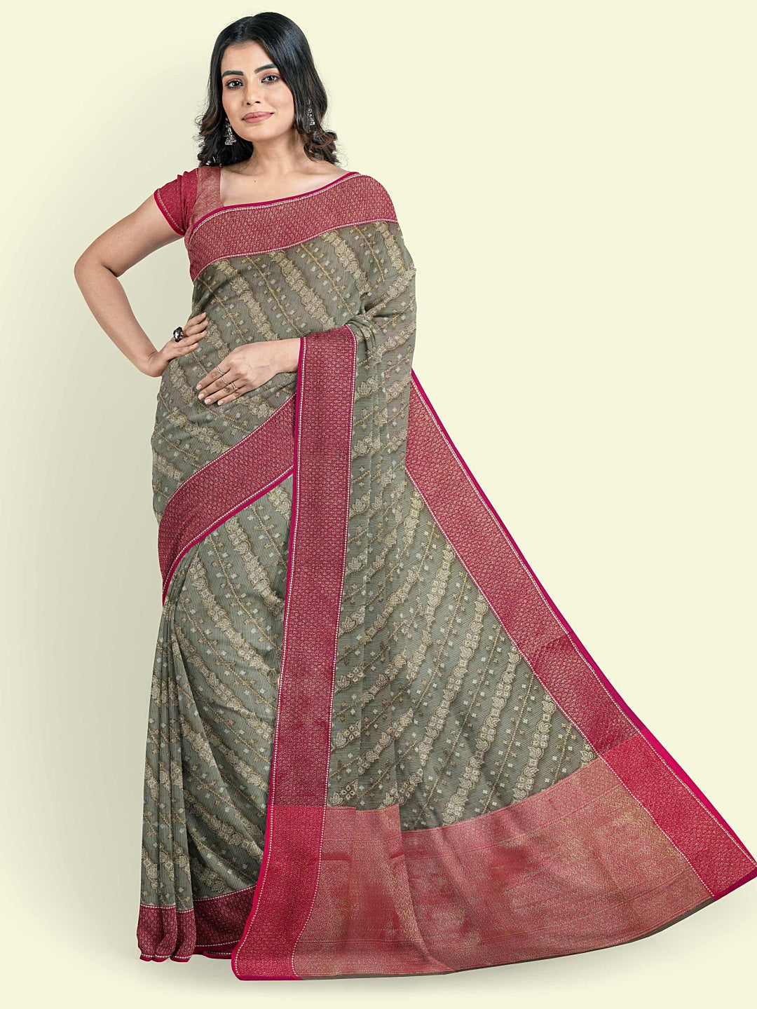 Faishana Presents Grey Cotton Diagonal Stripe Motif Pink Border With Pink Blouse Banarasi Saree