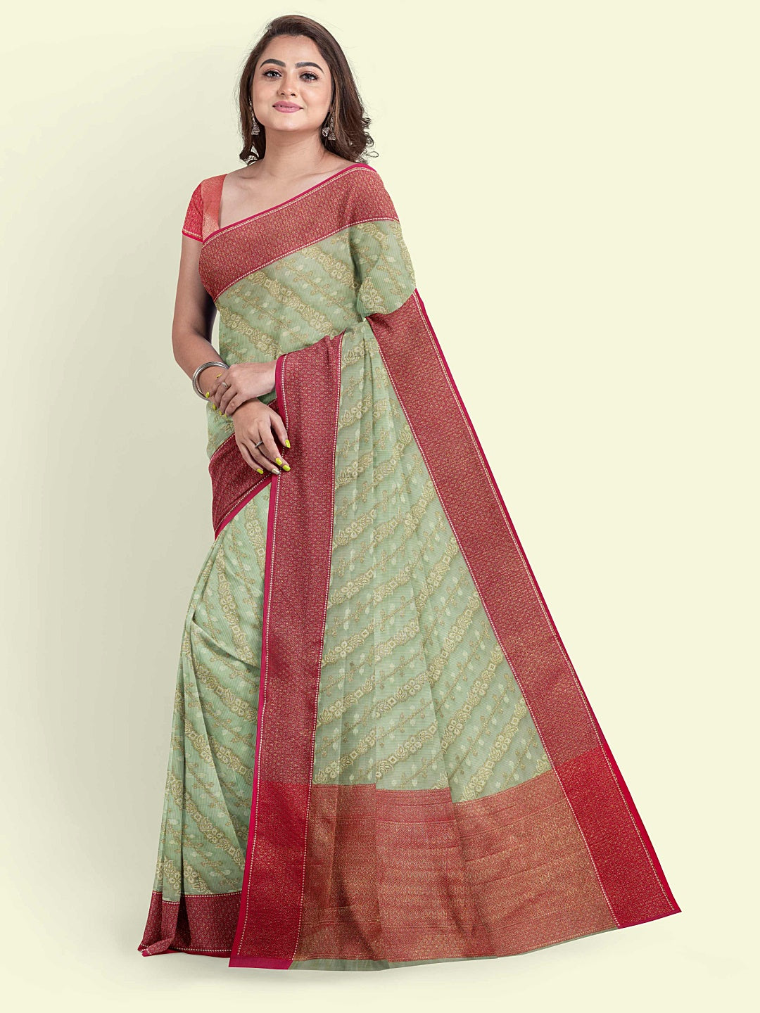Faishana Presents Green Cotton Aada Stripe Jaal With Saree With Pink Blouse Banarasi Saree