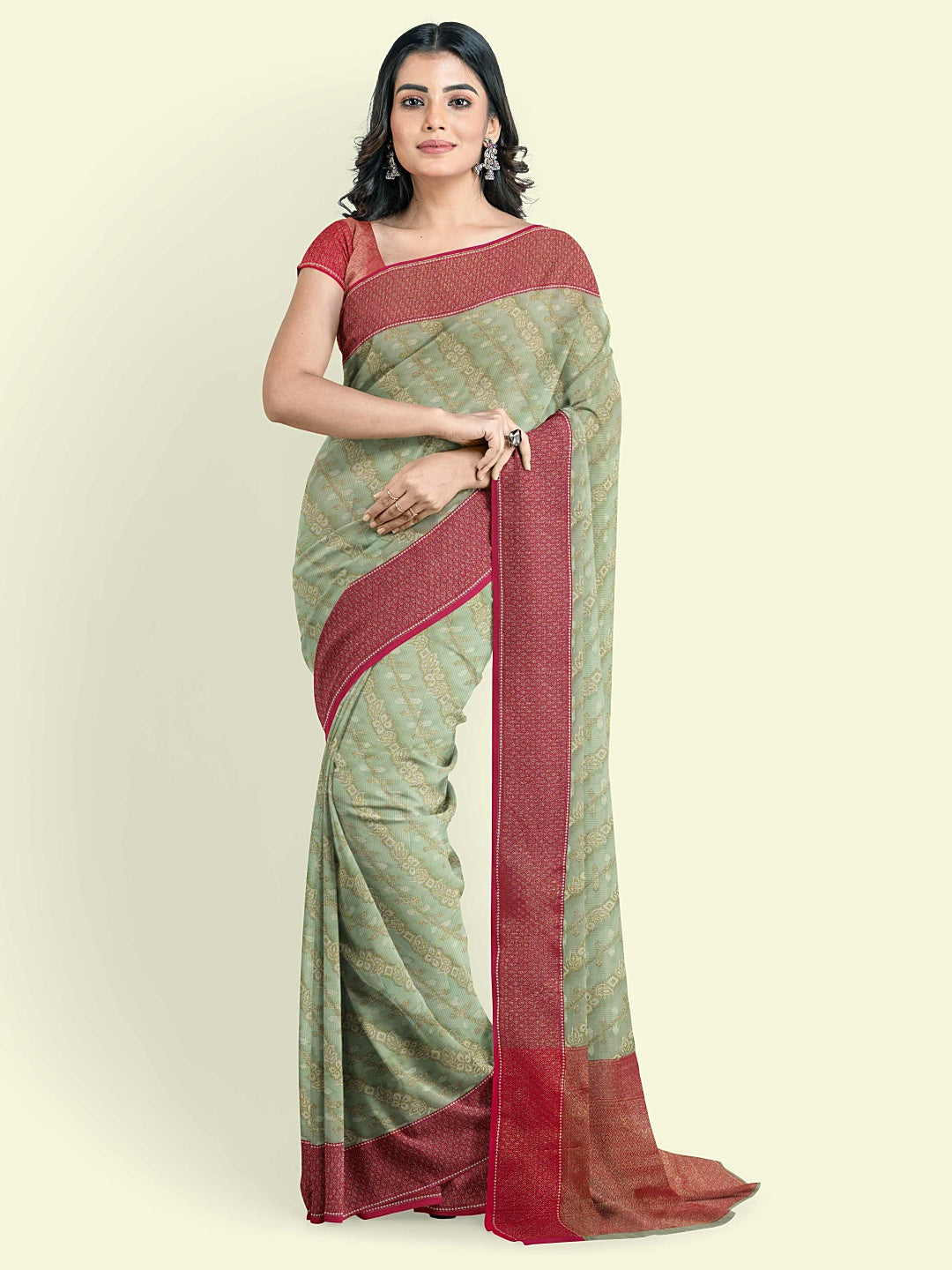 Faishana Presents Green Cotton Aada Stripe Jaal With Saree With Pink Blouse Banarasi Saree