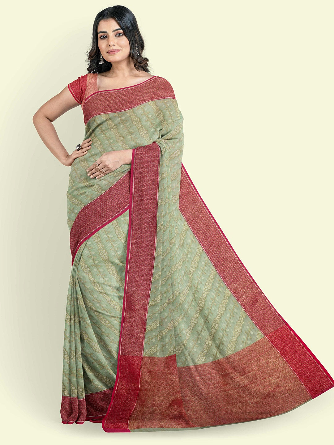 Faishana Presents Green Cotton Aada Stripe Jaal With Saree With Pink Blouse Banarasi Saree