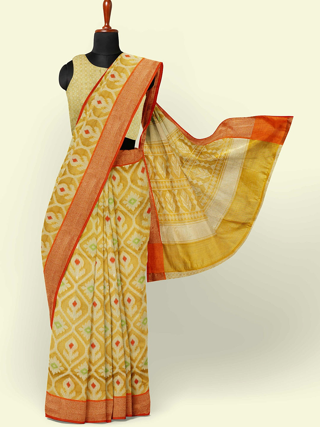 Faishana Presents Yellow Cotton Floral Meena Jaal With Yellow Blouse Banarasi Saree